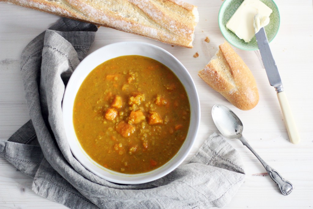 Sweet potato and lentil soup with maple syrup