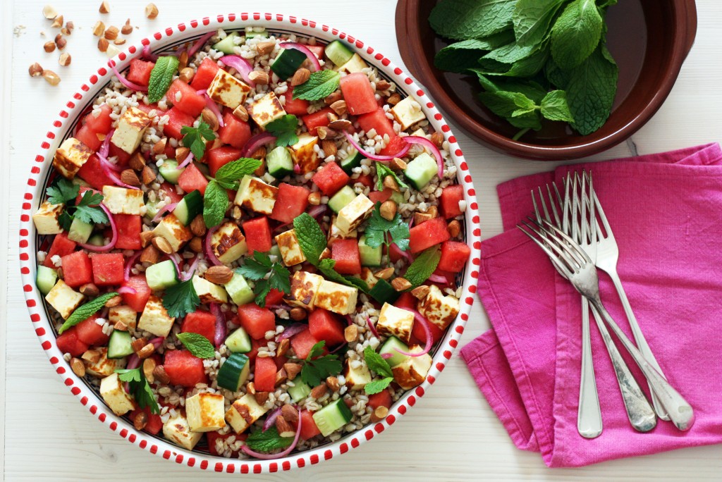 Watermelon, haloumi and pearl barley salad with parsley and mint