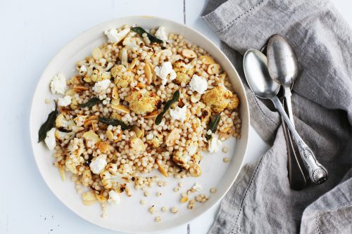 Roasted cauliflower with pearl couscous and feta